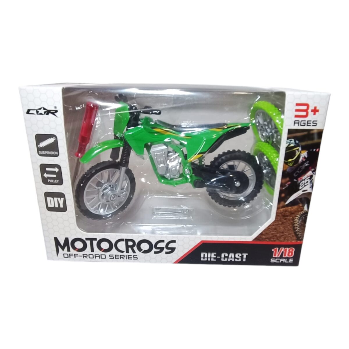 Découvrez nos modèles de motocross miniature à l'échelle 1/18. Attention : Ne convient pas aux enfants de moins de 3 ans. Fournies avec : - Roue Avant et Roue Arrière de rechange - tournevis - axe et écrou de rechange