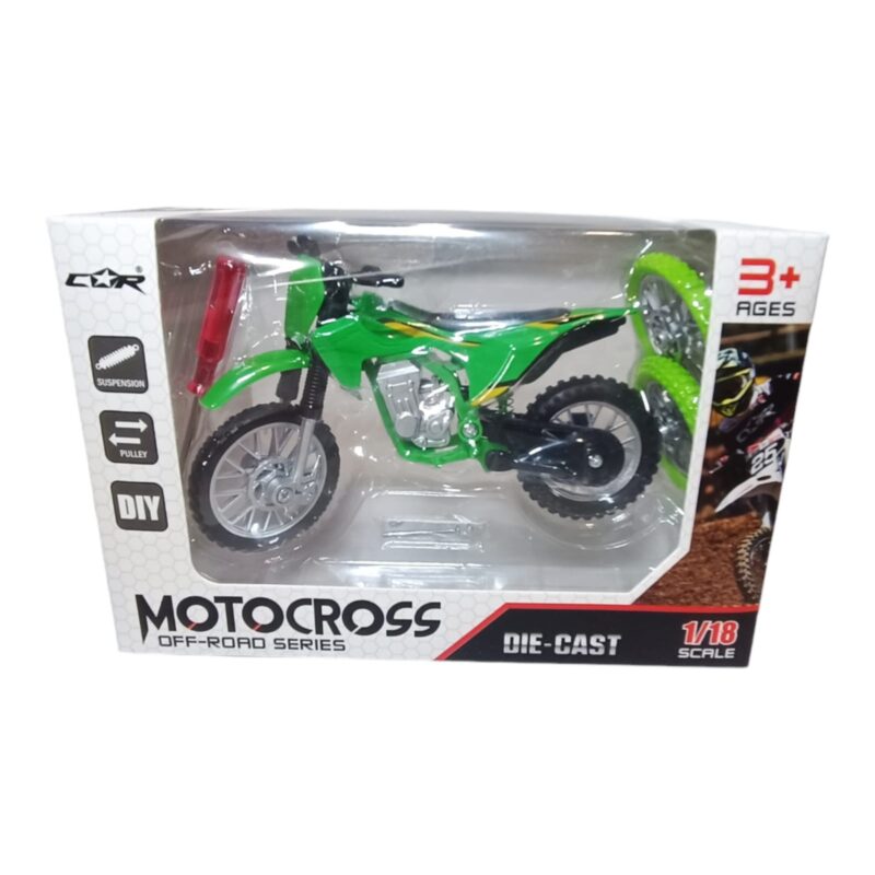 Découvrez nos modèles de motocross miniature à l'échelle 1/18. Attention : Ne convient pas aux enfants de moins de 3 ans. Fournies avec : - Roue Avant et Roue Arrière de rechange - tournevis - axe et écrou de rechange