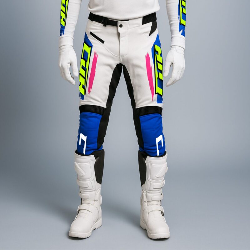Pantalon motocross CRYPTO blanc bleu rose jaune fluo
